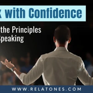 Confident speaker delivering a at a public speaking skills training session in front of an attentive audience.