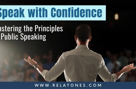 Confident speaker delivering a at a public speaking skills training session in front of an attentive audience.